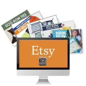 Computer with Etsy logo and sewing patterns from Sew with Tara Reed Etsy shop