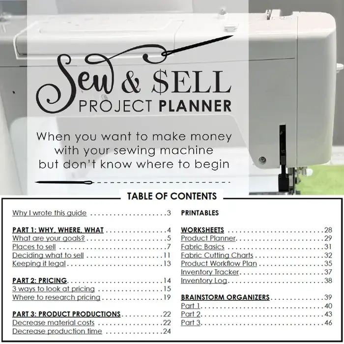 Sewing machine and Sew and Sell Product Planner table of contents