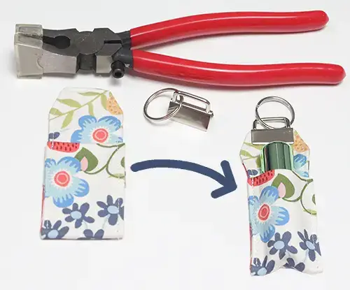 Step-by-step image showing fabric pieces, hardware, and pliers used to turn a small sewn fabric pouch into a lip balm holder keychain.