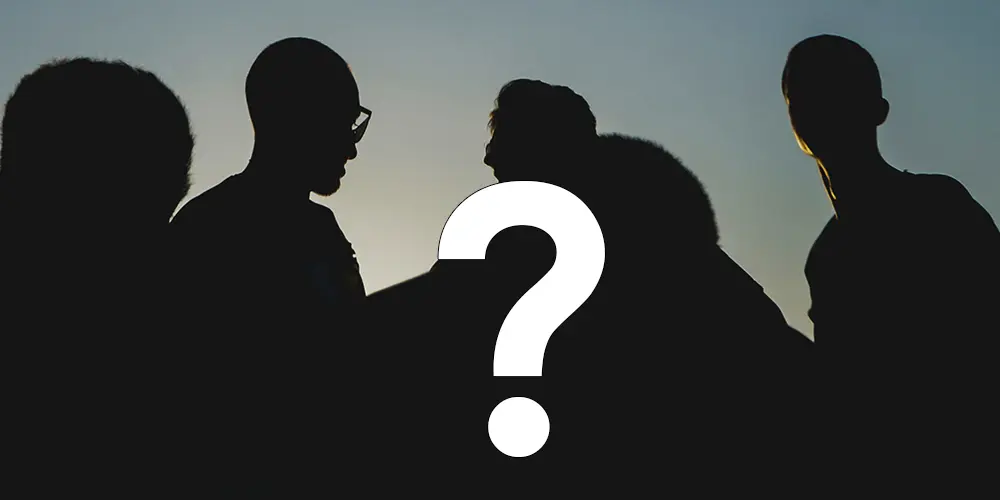 Sewing for Men: Silhouettes of several men with a large question mark in the center, representing the challenge of finding sewing projects and handmade gift ideas for men.
